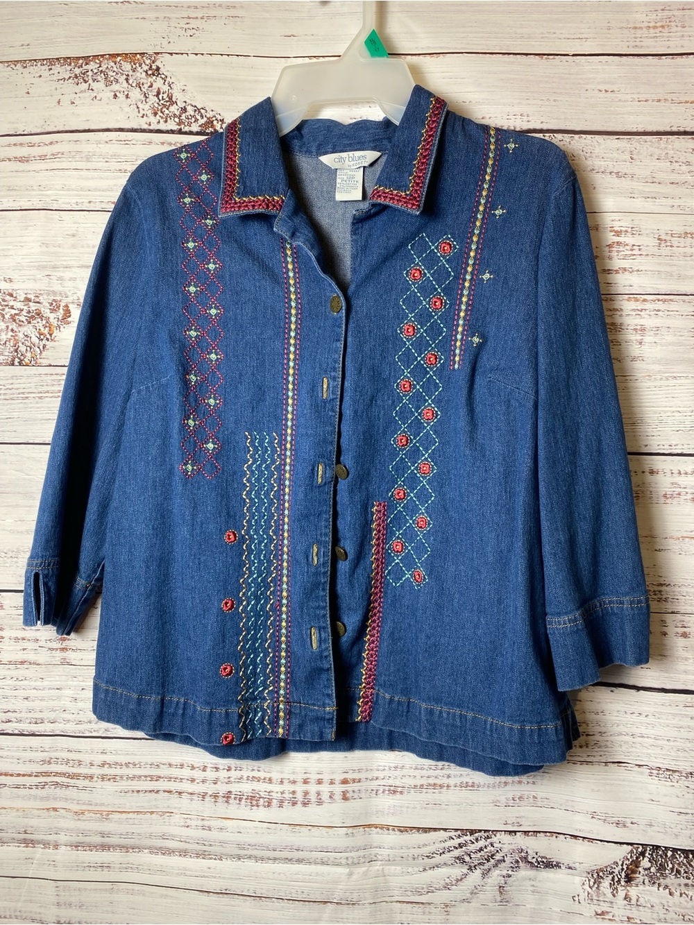 City Blues Embroidered Denim Shirt Jacket - Blue with Red & Yellow Stitching